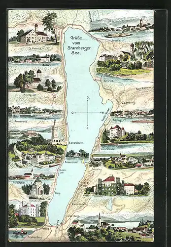 Künstler-AK Starnberg, Karte vom Starnberger See mit anliegenden Schlössern