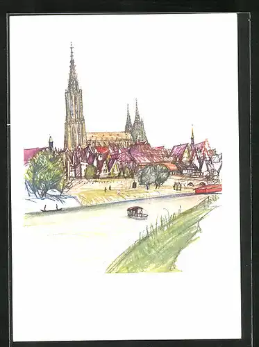 AK Ulm /Donau, Donaupartie mit Münster
