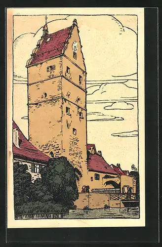 Steindruck-AK Dinkelsbühl, Wörnitz-Tor mit Mühlgraben