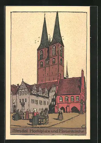 Steindruck-AK Stendal, Marktplatz und Marienkirche