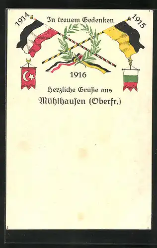 Künstler-AK Mühlhausen /Oberfr., In treuem Gedenken 1914-15-16, Fahnen