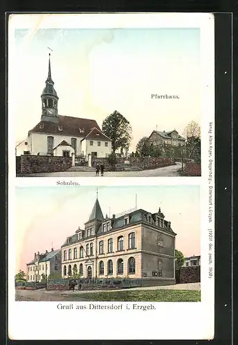 AK Dittersdorf i. Erzgeb., Pfarrhaus, Schulen, Bahnpost