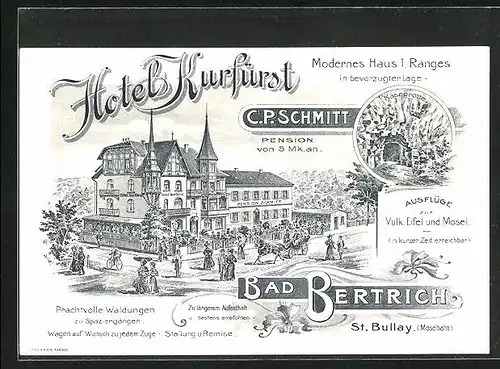 Künstler-AK Bad Bertrich, Hotel Kurfürst, Käsegrotte, Moselbahn Bad Bertrich-St. Bullay