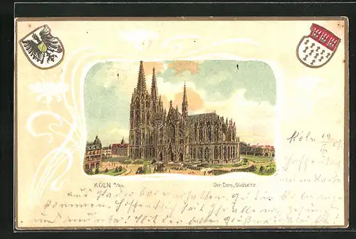 Passepartout-Lithographie Köln, Dom, Südseite, Wappen
