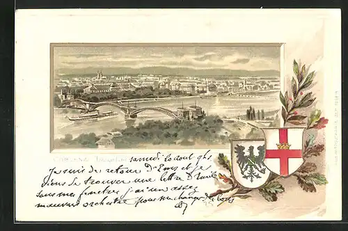 Passepartout-Lithographie Coblenz, Totalansicht mit Brücke, Wappen