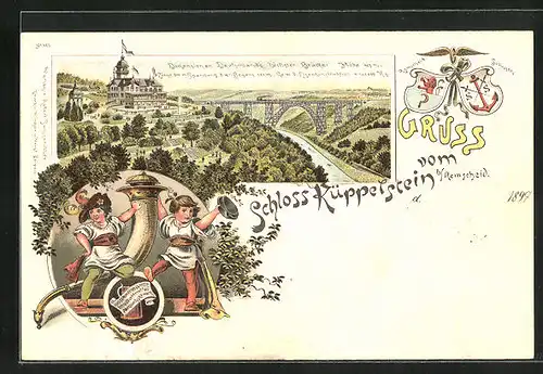 Lithographie Remscheid, Schloss Küppelstein mit Brücke, Wappen