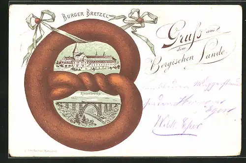 Passepartout-Lithographie Solingen, Restaurant Carl Ortmann am Fusse der Kaiser-Wilhelm-Brücke, Burger Bretzel