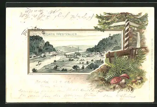 Passepartout-Lithographie Porta Westfalica, Totalansicht, Waldpartie mit Pilzen