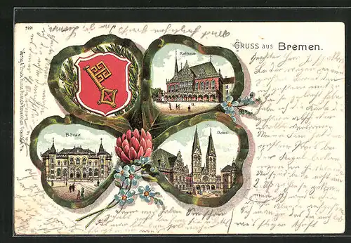 Passepartout-Lithographie Bremen, Börse, Dom, Rathaus, Kleeblatt