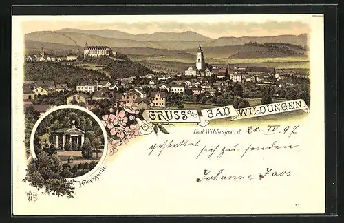 Lithographie Bad Wildungen, Helenenquelle, Panorama mit Schloss