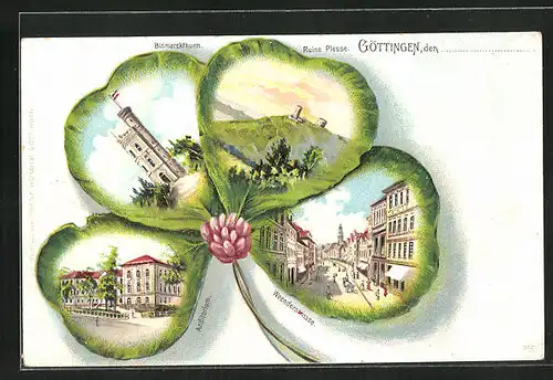 Passepartout-Lithographie Göttingen, Bismarckthurm, Ruine Plesse, Anditorium, Kleeblatt
