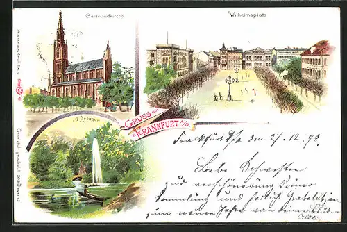 Lithographie Frankfurt a. O., Gertraudkirche, Wilhelmsplatz, In den Anlagen