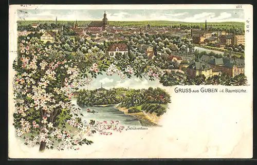 Lithographie Guben, Panorama in der Baumblüte, Schützenhaus