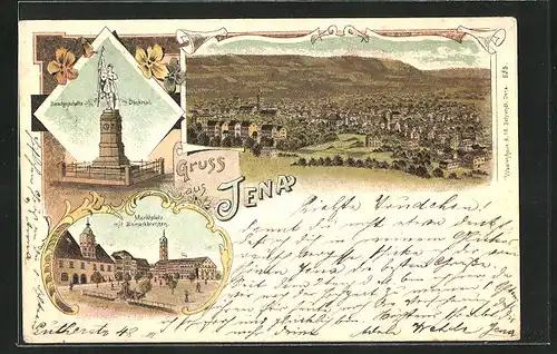 Lithographie Jena, Marktplatz mit Bismarckbrunnen, Totalansicht, Burschenschafts-Denkmal