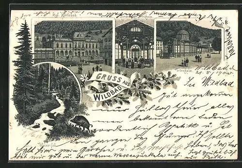 Lithographie Wildbad, Kgl. Karlsbad, Wasserfall, Trinkhalle