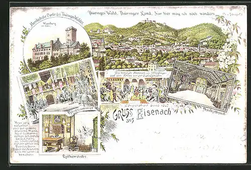 Lithographie Eisenach, Wartburg, Rüstkammer, Lutherstube, Panorama