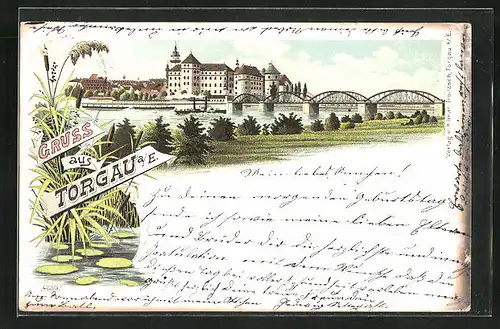 Lithographie Torgau a. E., Panorama mit Schloss und Brücke