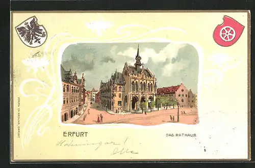 Passepartout-Lithographie Erfurt, Ortspartie mit Rathaus, Wappen