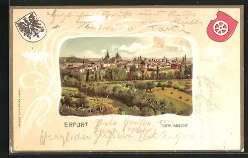 Passepartout-Lithographie Erfurt, Totalansicht mit Zentrum, Wappen