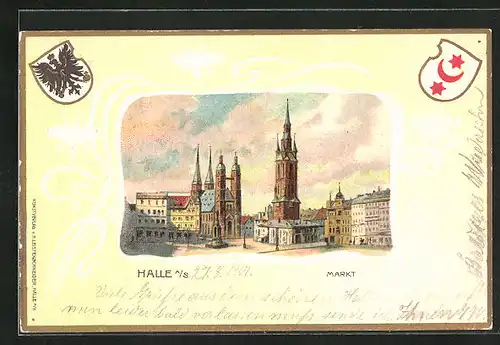 Passepartout-Lithographie Halle a. S., Markt mit Kirche