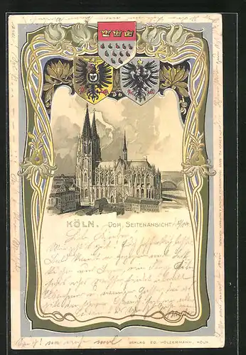 Passepartout-Lithographie Köln, Seitenansicht vom Dom, Wappen