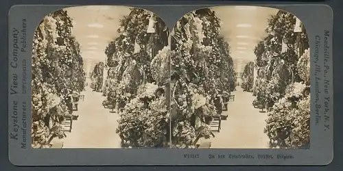 Stereo-Fotografie Keystone View Comp., Meadville / PA., Ansicht Brüssel, in den Katakomben, Blumengestecke