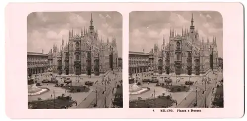 Stereo-Fotografie NPG, Berlin, Ansicht Milano, Piazza e Duomo, mit Strassenbahn, Mailänder Dom