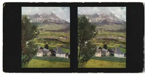 Stereo-Fotografie Chromoplast-Bild Nr. 123, Ansicht Cortina dÄAmpezzo, Blick auf den Ort in den Dolomiten