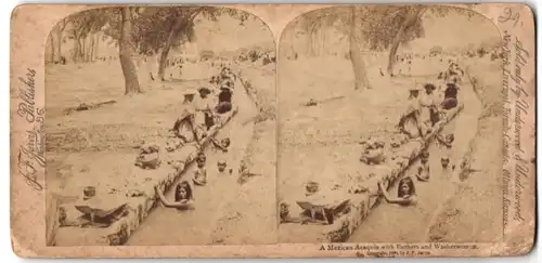 Stereo-Fotografie J. F. Jarvis, Washington D.C., A Mexican Acequia with Bathers ans Washwoman, Waschfrauen