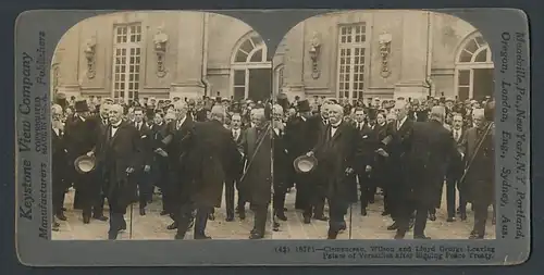 Stereo-Fotografie Keystone View Comp., Meadville / PA., Clemenceau, Wilson and Lloyd George leavind the Palace Versaille