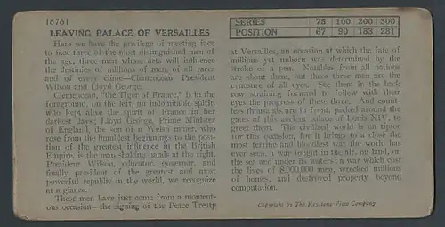 Stereo-Fotografie Keystone View Comp., Meadville / PA., Clemenceau, Wilson and Lloyd George leavind the Palace Versaille