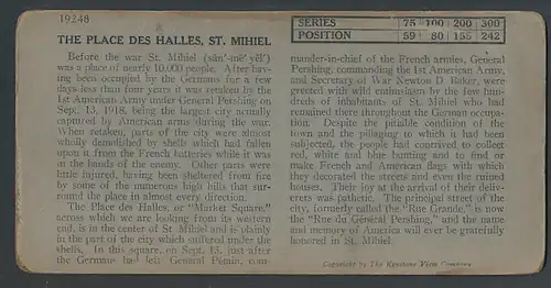 Stereo-Fotografie Keystone View Comp., Meadville / PA., Ansicht St. Mihiel, The Place des Halles, Kriegszerstörung