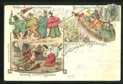 Lithographie Dresdener Vogelwiese, Aufbruch nach der Vogelwiese, Ankunft nach der Vogelwiese