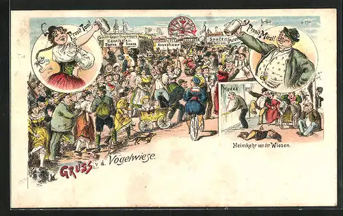 Lithographie Dresdener Vogelwiese, Prosit Toni!, Prosit Mirzl!