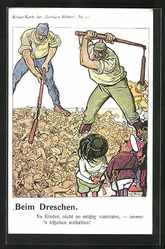 Künstler-AK Beim Dreschen, Na Kinder, nicht so müssig rumstehn, immer `n bisschen mithelfen!