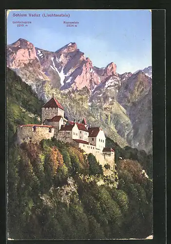 AK Vaduz, Blick auf das Schloss gegen Goldlochspitze und Rappenstein