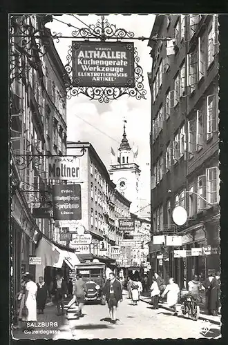 AK Salzburg, Restaurant von Franz Moltner, Strassenpartie der Getreidegasse