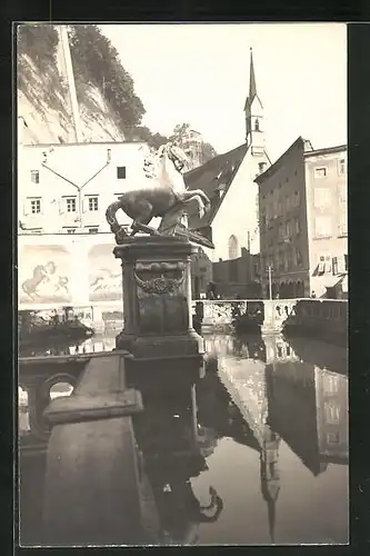 Foto-AK Salzburg, Pferdestatue am Brunnen