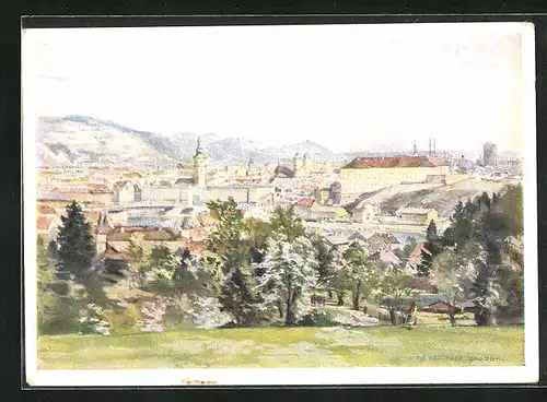 Künstler-AK Linz a. d. Donau, Ortsansicht mit Kirchturm