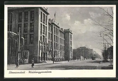 AK Litzmannstadt-Lodz, Mädchengymnasium mit Strassenbahn