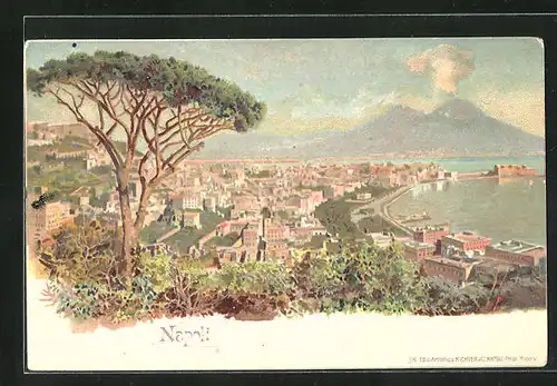 Lithographie Napoli, Ortsansicht von Anhöhe