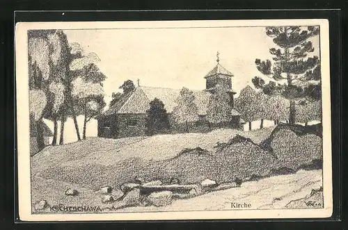 Künstler-AK Kschtschawa, Kirche mit Bäumen