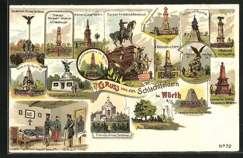 Lithographie Wörth, Kaiser Friedrich Denkmal, Französ. Armee Denkmal