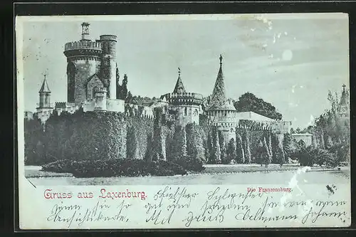 Mondschein-AK Laxenburg, Blick auf die Franzensburg