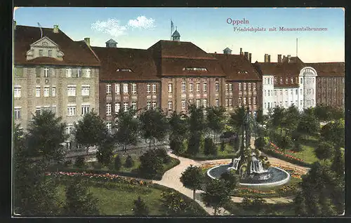 AK Oppeln, Friedrichsplatz mit Monumentalbrunnen