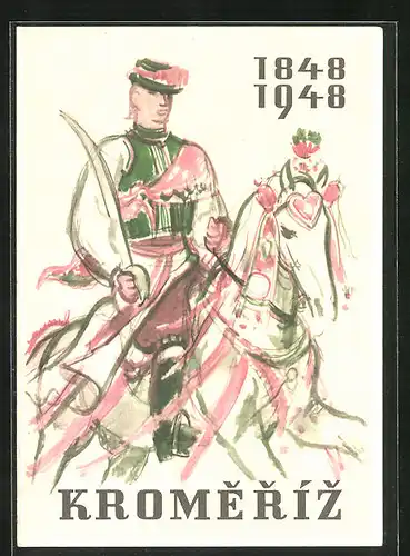 Künstler-AK Kromeriz, Reiter in Tracht mit Säbel, 1948