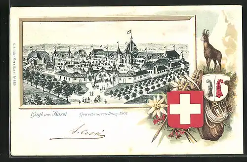 Passepartout-Lithographie Basel, Gelände der Gewerbeausstellung 1901, Schweizer Wappen