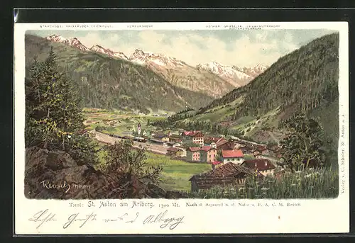 Künstler-AK F.A.C.M. Reisch: St. Anton, Blick über Bahnhof gegen Arlberg