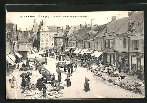 AK Aubigny, Rue de Prieuré un jour de marché, Trödelmarkt