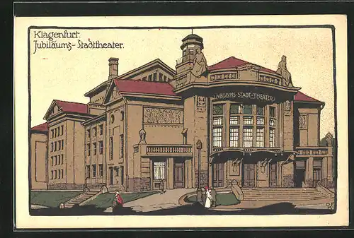 Steindruck-AK Klgaenfurt, Jubiläums-Stadttheater, Aussenansicht